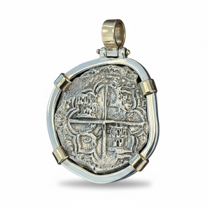 Santa Margarita Shipwreck - 8 Reales - Mounted in Sterling silver frame with 14K gold prongs and bale