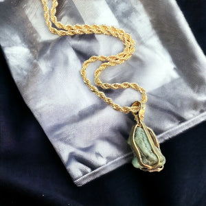 Raw Emerald mounted in 14k Gold (Gold filled chain included)