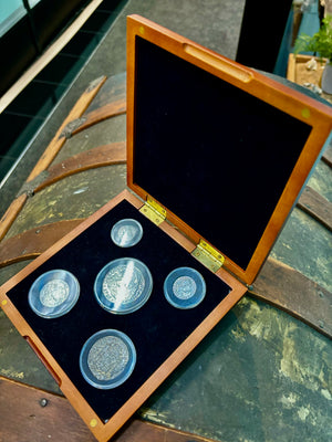 El Cazador Shipwreck Complete  Box Set.  All Five (5) coins.  8 Reales, 4 Reales, 2 Reales, 1 Reales, 1/2 Reales