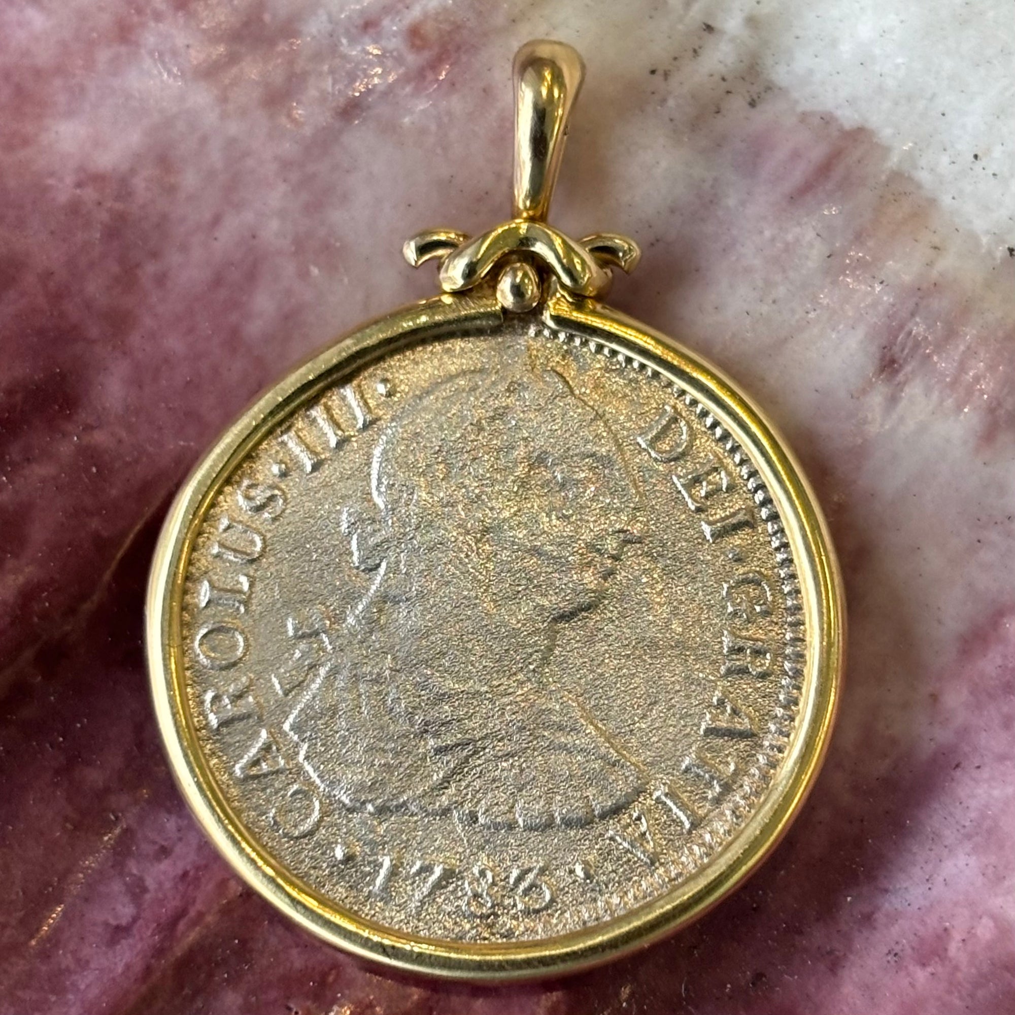 El Cazador Shipwreck - 2 Reales  - Dated 1783  - Grade Fine Plus - Mounted in 14K gold