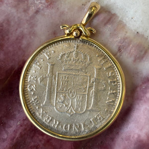 El Cazador Shipwreck - 2 Reales  - Dated 1783  - Grade Fine Plus - Mounted in 14K gold