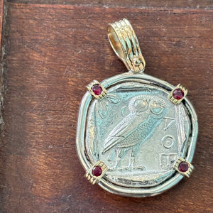 Ancient Greece - AR Tetradrachm - Athena & Owl - Sterling silver with 14k prongs embedded with Rubies.