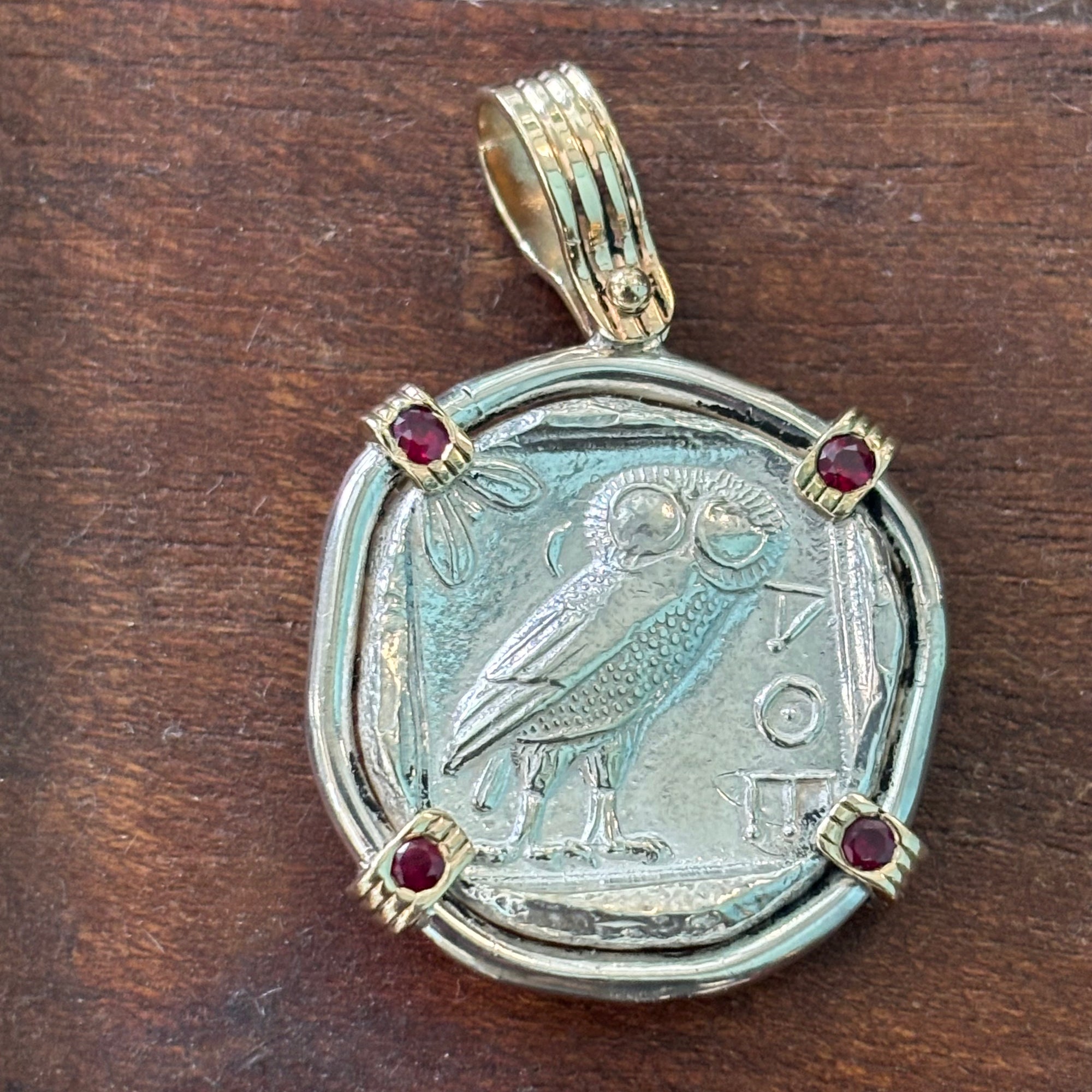 Ancient Greece - AR Tetradrachm - Athena & Owl - Sterling silver with 14k prongs embedded with Rubies.