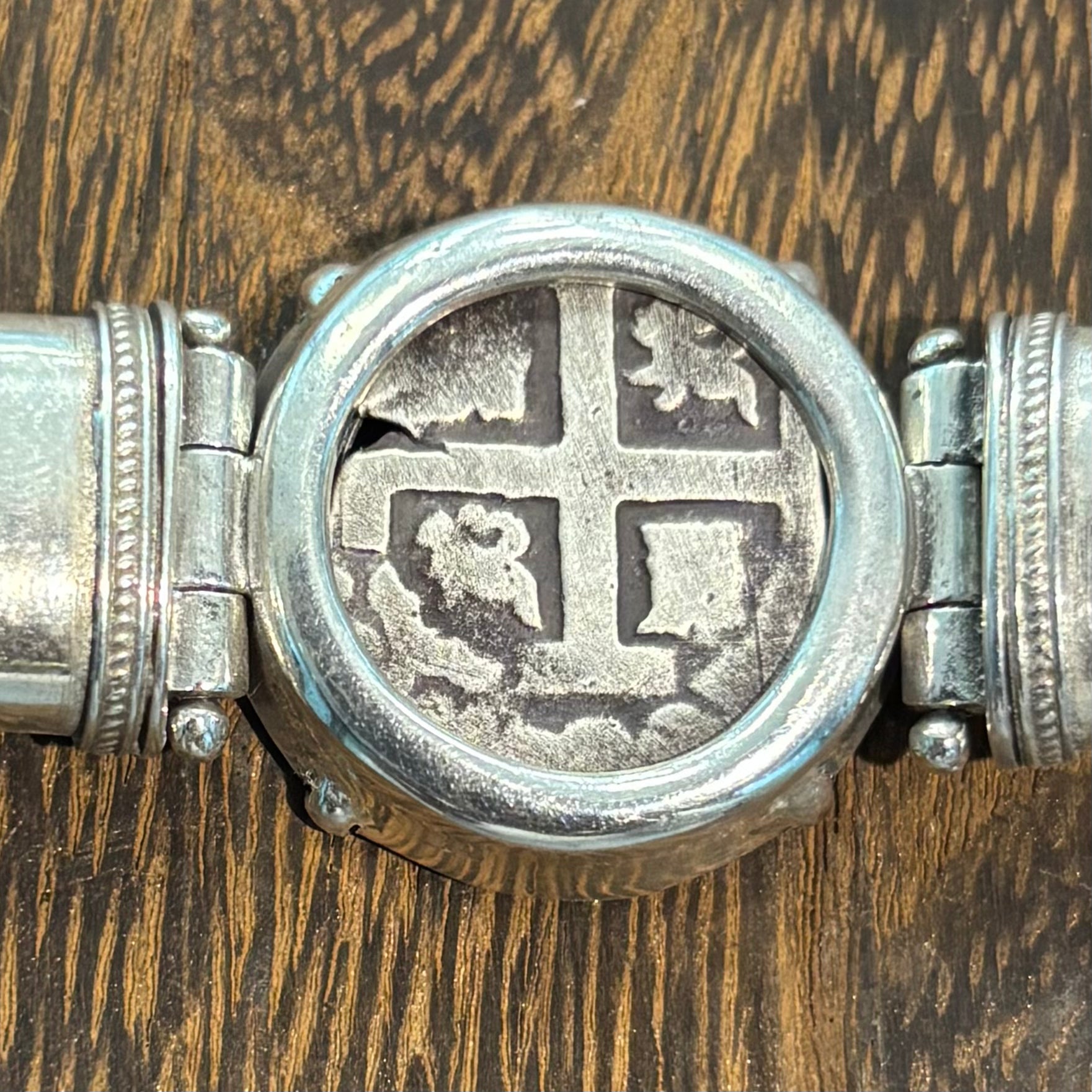 Authentic Spanish Cob - 1  Reales  -  Leather bracelet with sterling silver bezel
