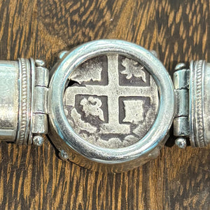 Authentic Spanish Cob - 1  Reales  -  Leather bracelet with sterling silver bezel