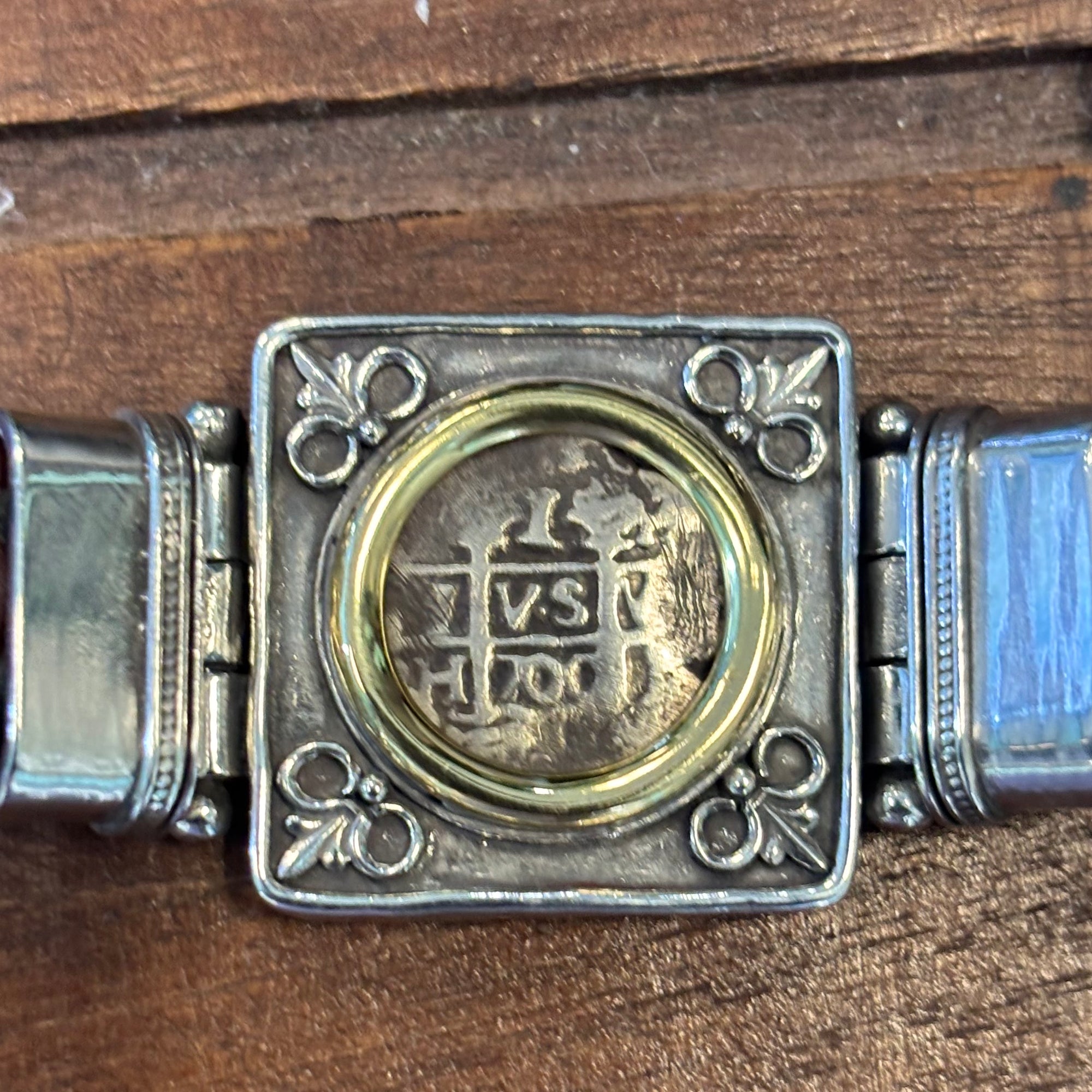 Authentic Spanish Cob - 1  Reales -  Leather bracelet with sterling silver bezel - Assayer "H" (1715 Fleet Assayer)
