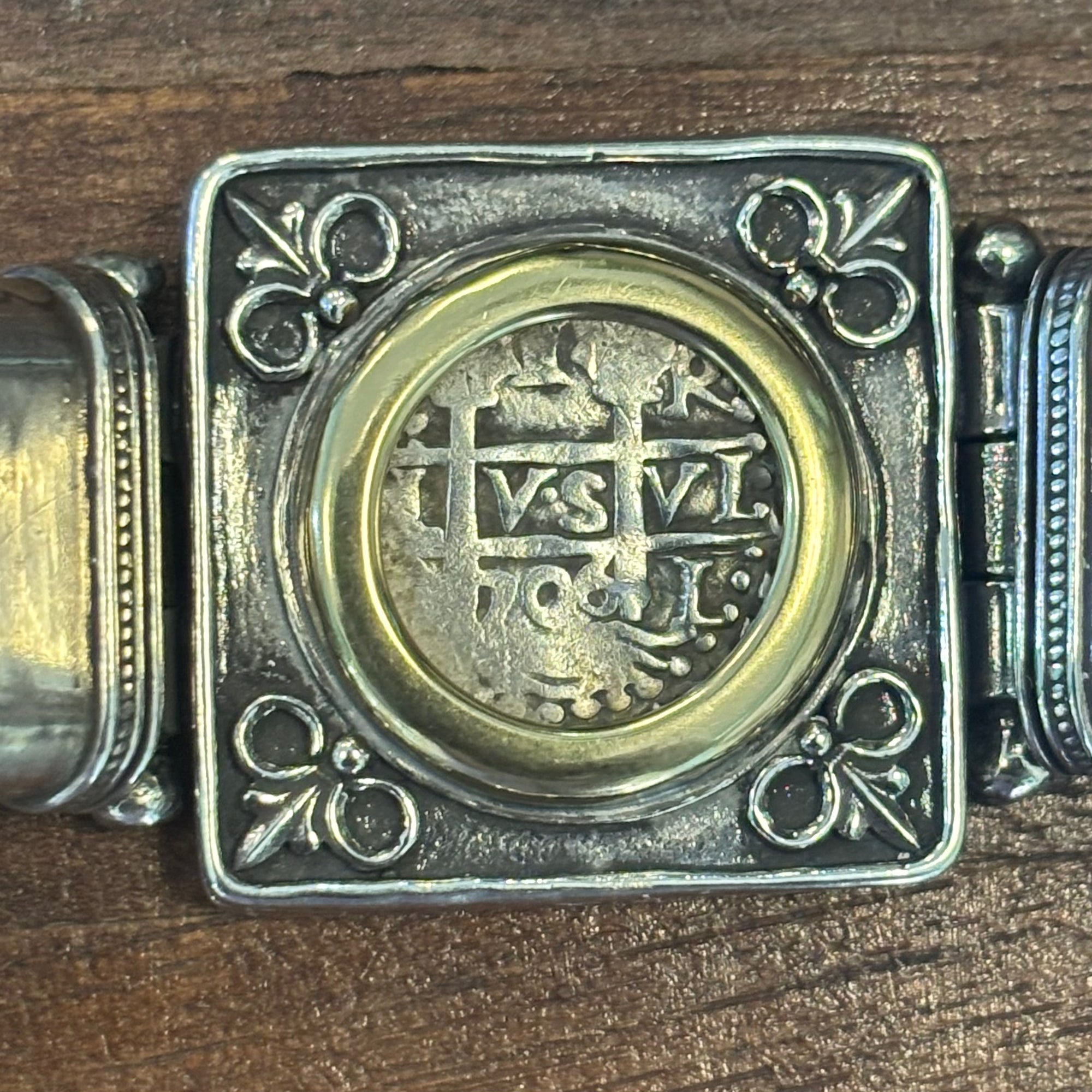 Authentic Spanish Cob - 1  Reales -  Leather bracelet with sterling silver bezel - Assayer "R"