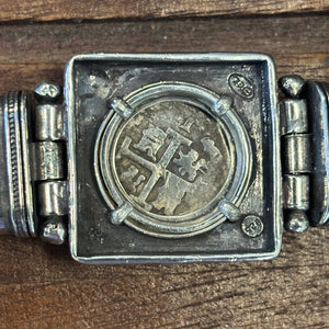 Authentic Spanish Cob - 1  Reales -  Leather bracelet with sterling silver bezel - Assayer "R"