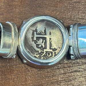 Authentic Spanish Cob - 1  Reales -  Leather bracelet with sterling silver bezel - Assayer "R"