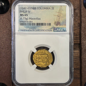 Maravillas Shipwreck - 2 Escudos - Mint: Santa Fe de Bogota - NGC graded an MS65