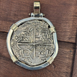 Santa Margarita Shipwreck - 8 Reales - Mounted in Sterling silver frame with 14K gold prongs and bale