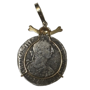 El Cazador Shipwreck - 2 Reales - Dated 1779 - Mounted with 14K Skull and Crossbones.