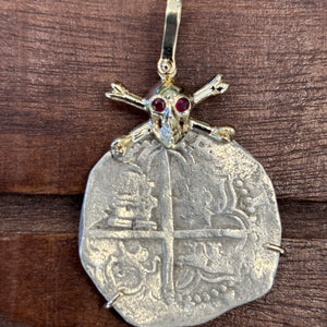 Authentic Spanish Cob - 4 Reales - Assayer "Q"  (1612-1616) - Presented in 14K skull and crossbones with Ruby accented  eyes