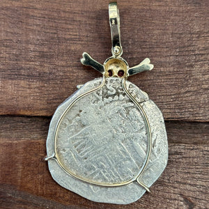 Authentic Spanish Cob - 4 Reales - Assayer "Q"  (1612-1616) - Presented in 14K skull and crossbones with Ruby accented  eyes
