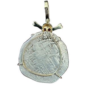 Authentic Spanish Cob - 4 Reales - Assayer "Q"  (1612-1616) - Presented in 14K skull and crossbones with Ruby accented  eyes