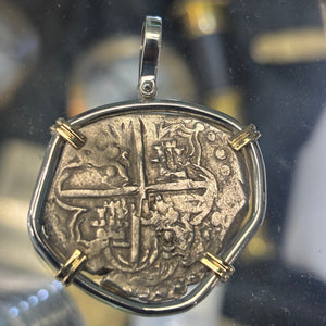 Authentic Spanish Cob - Philip III - 4 Reales - Mounted in Sterling frame with 14K prongs and bale