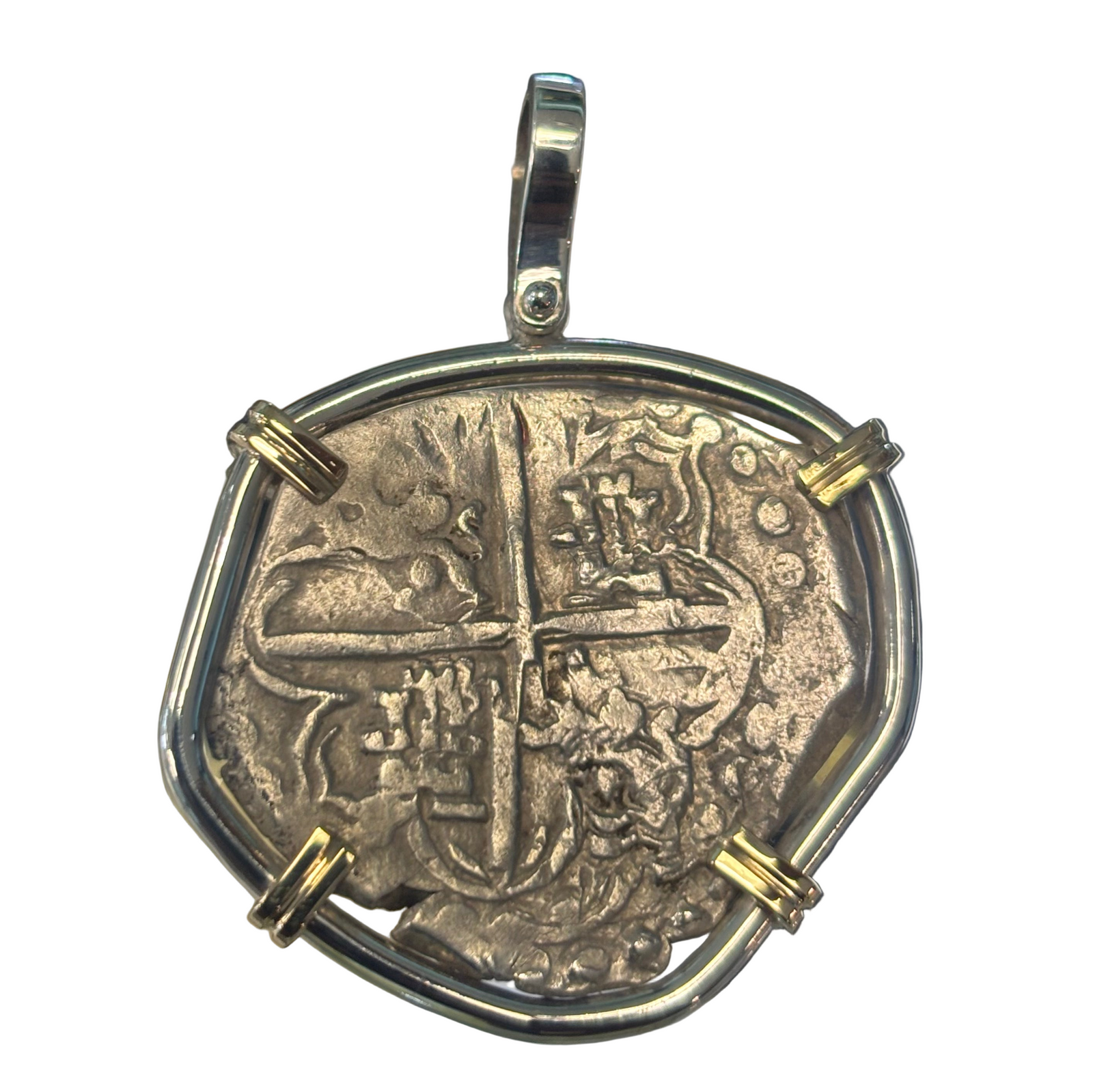 Authentic Spanish Cob - Philip III - 4 Reales - Mounted in Sterling frame with 14K prongs and bale