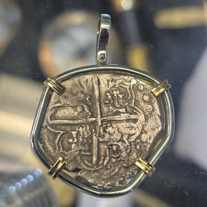 Authentic Spanish Cob - Philip III - 4 Reales - Mounted in Sterling frame with 14K prongs and bale