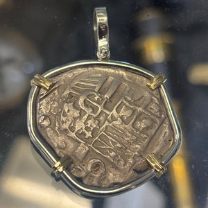 Authentic Spanish Cob - Philip III - 4 Reales - Mounted in Sterling frame with 14K prongs and bale