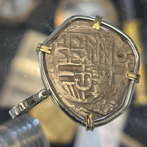 Authentic Spanish Cob - Philip III - 4 Reales - Mounted in Sterling frame with 14K prongs and bale