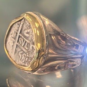 Authentic Spanish Cob - Unknown Shipwreck - 2 Reales Coin Ring in 18K Bezel