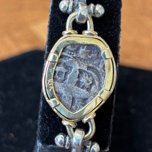 Authentic Spanish cob - 1  Reales "Unknown Shipwreck" - Sterling Silver Bracelet with 14K gold bezel