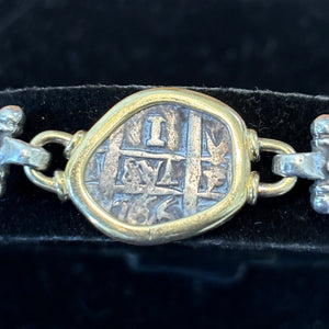 Authentic Spanish cob - 1  Reales "Unknown Shipwreck" - Sterling Silver Bracelet with 14K gold bezel