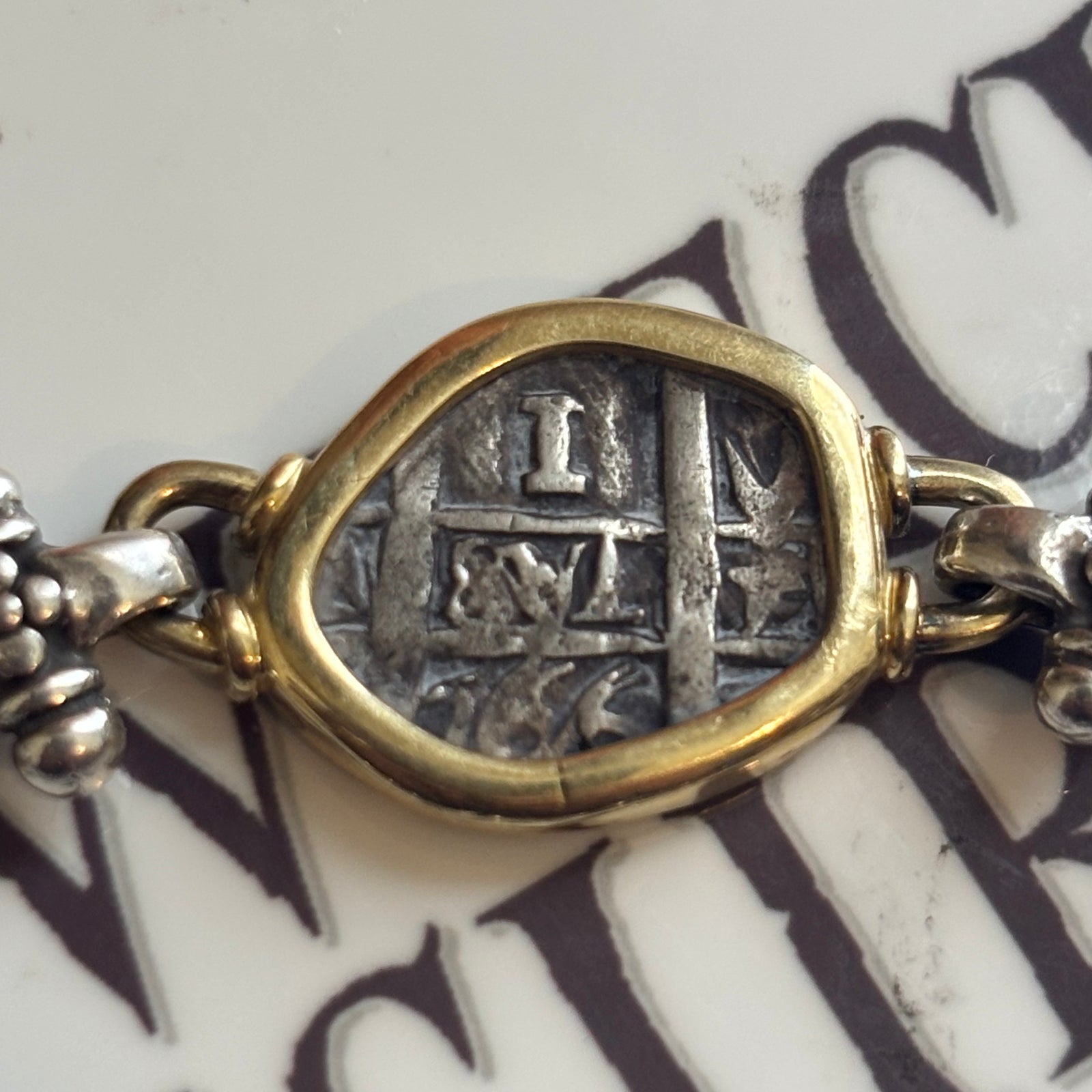 Authentic Spanish cob - 1  Reales "Unknown Shipwreck" - Sterling Silver Bracelet with 14K gold bezel