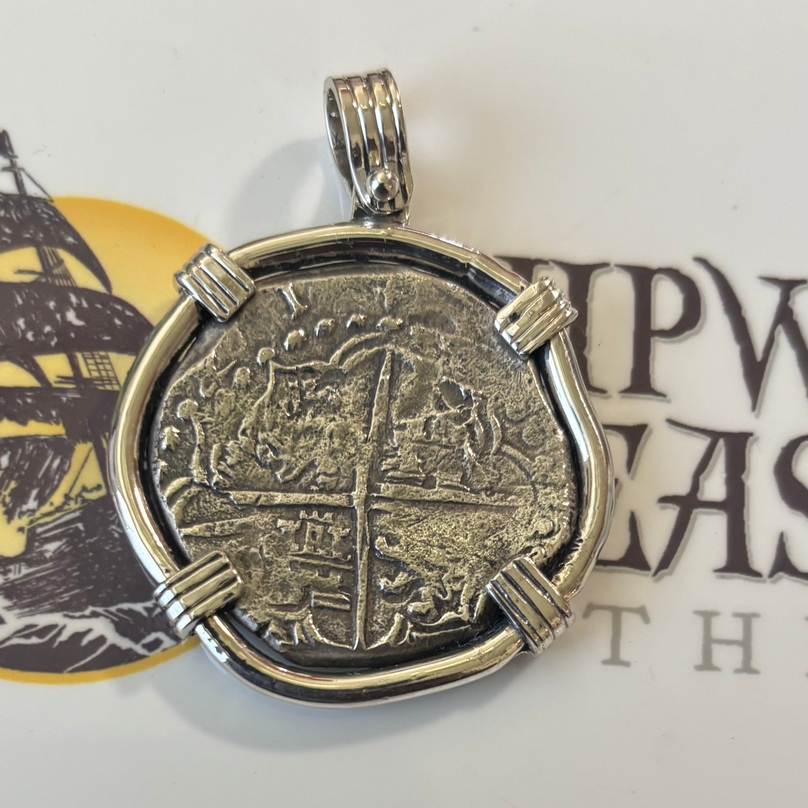 Authentic Spanish Shipwreck Cob - " Shipwreck effects" - Assayer "T" Tapia - Mounted in Sterling Silver