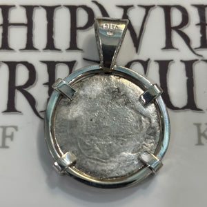 El Cazador Shipwreck - 1/2 Reales  - Dated 1768 - Mounted in Sterling Silver with Emerald accents