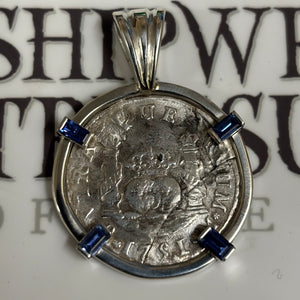 El Cazador Shipwreck - 2 Reales  - Dated 1751 - Mounted in Sterling Silver with blue sapphire accents on prongs