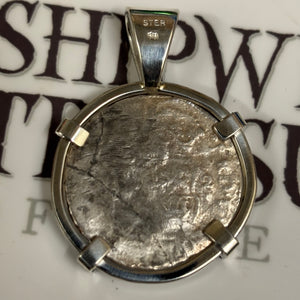 El Cazador Shipwreck - 2 Reales  - Dated 1751 - Mounted in Sterling Silver with blue sapphire accents on prongs
