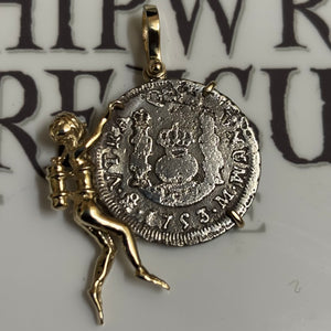 El Cazador Shipwreck - 1 Reales-  Dated 1753 - Mounted in 14K Gold diver frame