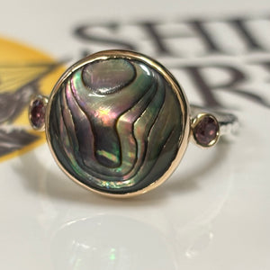 Abalone Ring with Rhodolite garnet accents -