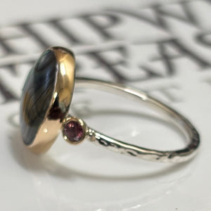 Abalone Ring with Rhodolite garnet accents -