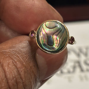 Abalone Ring with Rhodolite garnet accents -