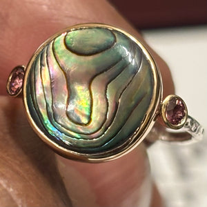 Abalone Ring with Rhodolite garnet accents -