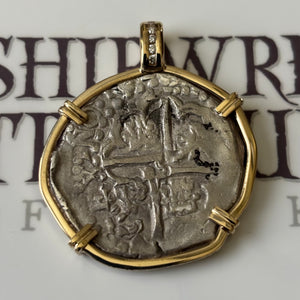 San Jose Shipwreck 1631 - 4 Reale - Grade 2 - Assayer "P" - Mounted in 14K gold with diamond accents on the bale.