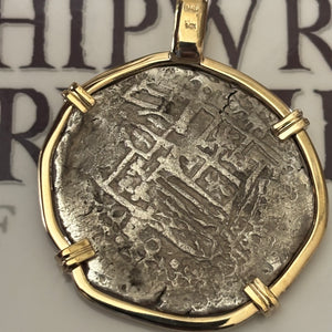 San Jose Shipwreck 1631 - 4 Reale - Grade 2 - Assayer "P" - Mounted in 14K gold with diamond accents on the bale.
