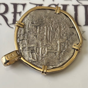San Jose Shipwreck 1631 - 4 Reale - Grade 2 - Assayer "P" - Mounted in 14K gold with diamond accents on the bale.