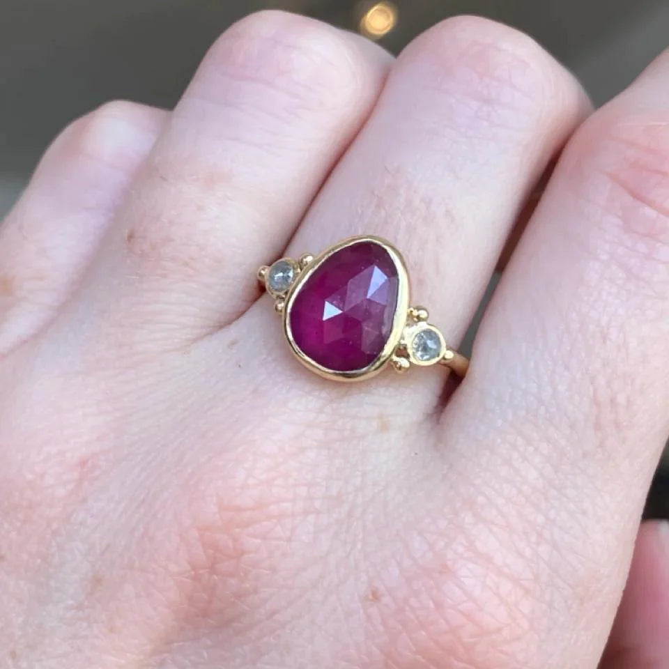 14k Rosecut Ruby Ring with Natural Diamonds