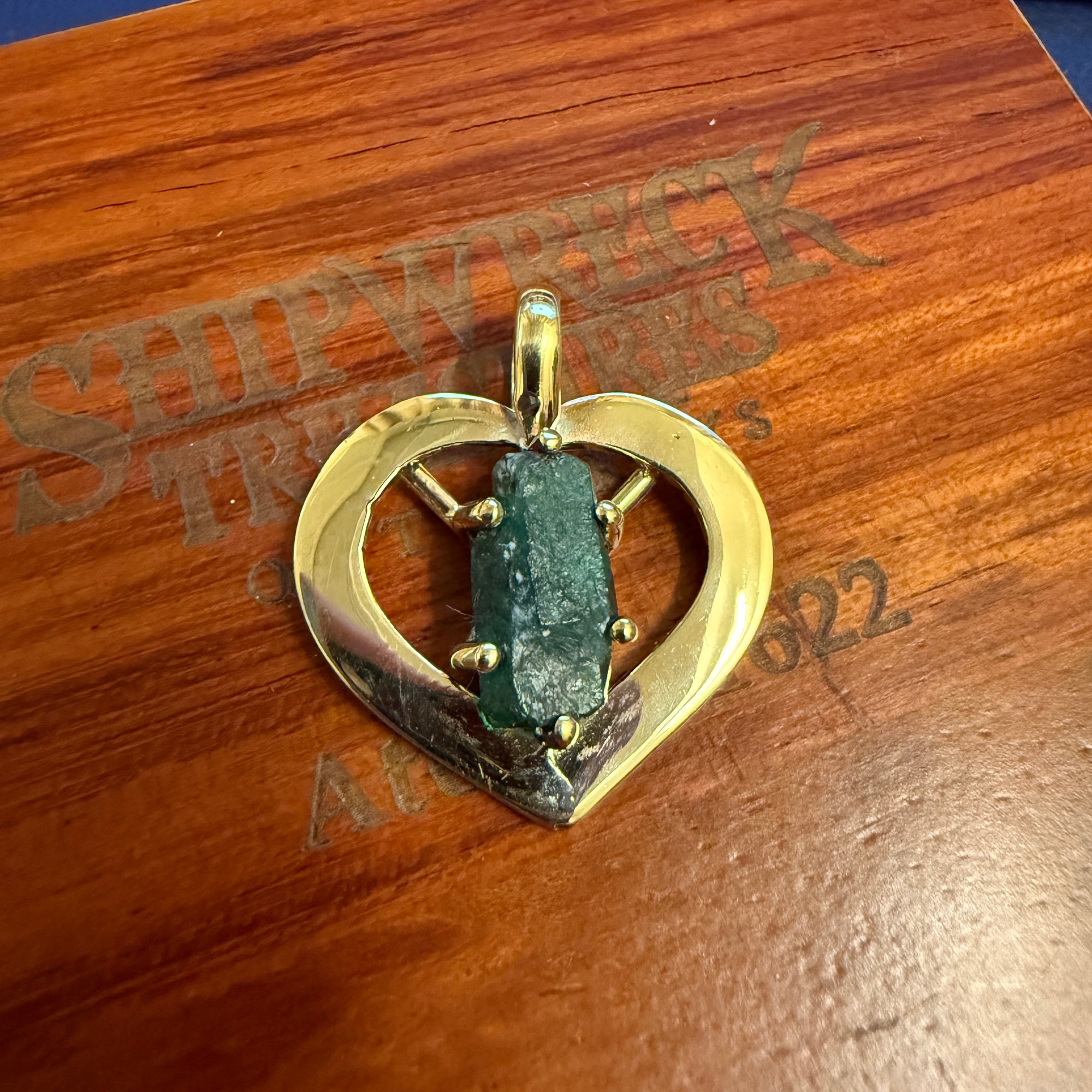 1715 Fleet Uncut Colombian Shipwreck Emerald - 3.15 CT Mounted in 14k Heart Pendant