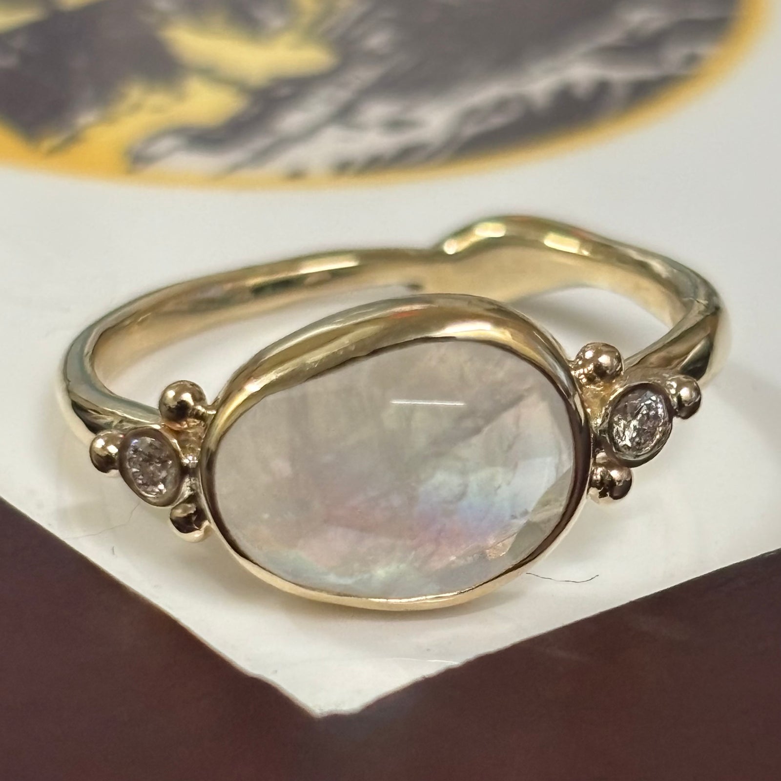 Rainbow Moonstone and diamond  ring in 14K gold