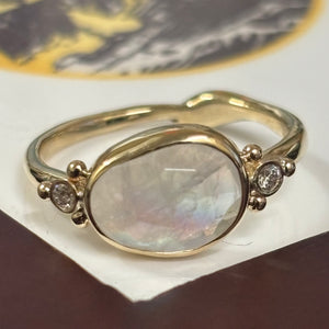 Rainbow Moonstone and diamond  ring in 14K gold
