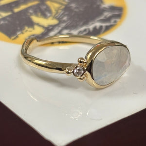 Rainbow Moonstone and diamond  ring in 14K gold