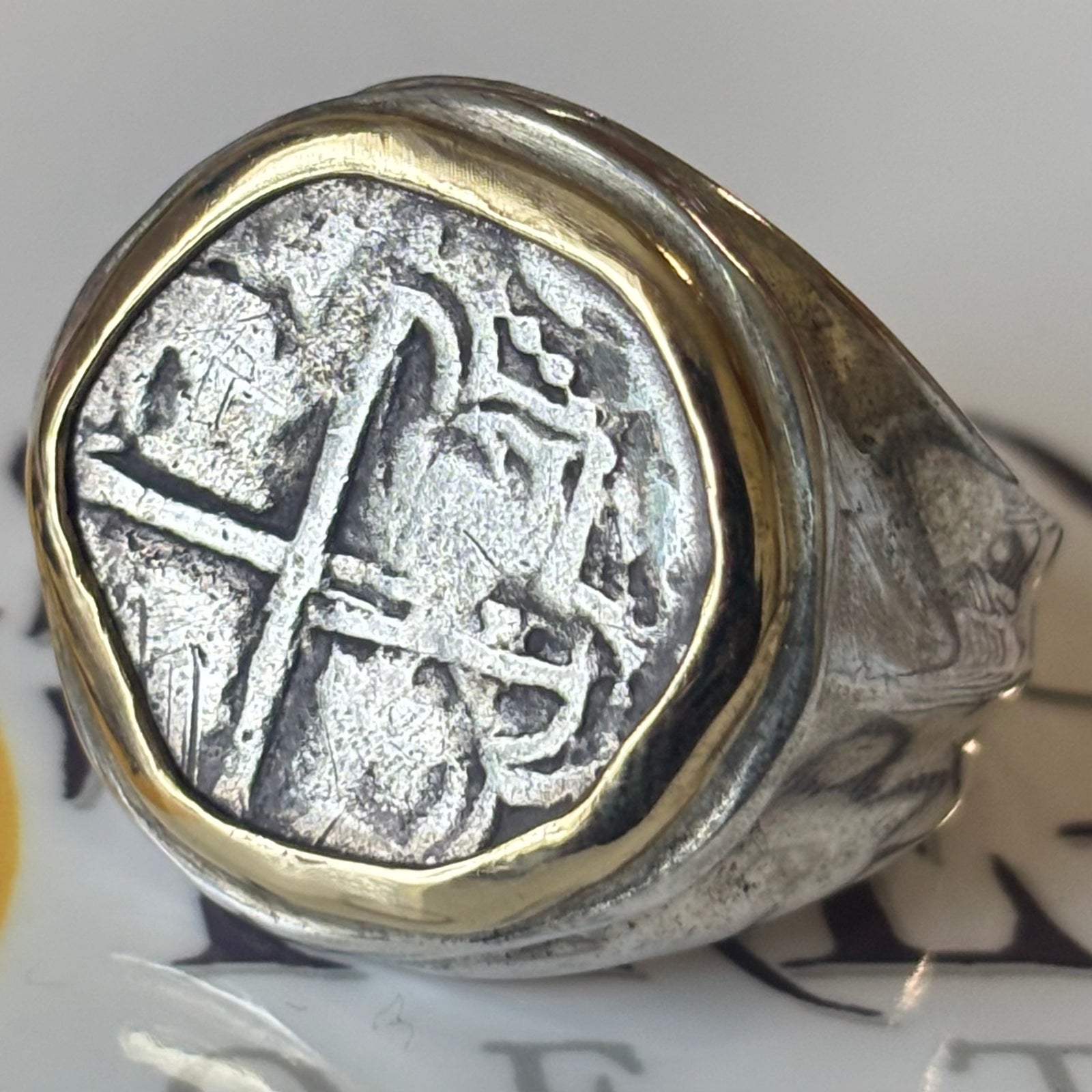 Authentic Spanish Cob - 1 Reales - Assayer "Q" - Sterling ring with 18K gold bezel