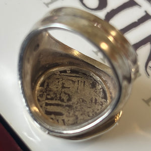 Authentic Spanish Cob - 1 Reales - Assayer "Q" - Sterling ring with 18K gold bezel