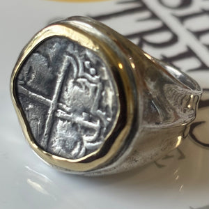 Authentic Spanish Cob - 1 Reales - Assayer "Q" - Sterling ring with 18K gold bezel