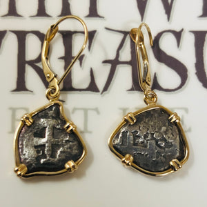 Authentic Spanish Cob - 1/2 Reales - 14KT gold ear rings.