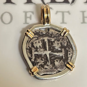 Authentic Spanish Cob -  1/2 Reales - Sterling Silver Bezel and 14K Prongs and bale
